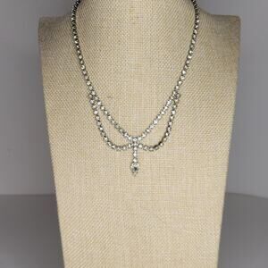 Vintage Diamond Drop Silver Tone Rhinestone Necklace